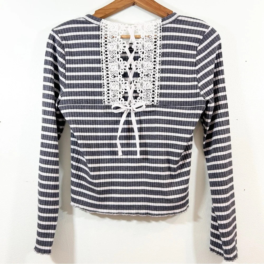 American Rag Cie Lace Up Tie Ribbed Blue White Stripe Long Sleeve Stretch Top L